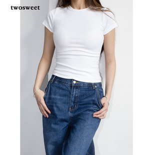 twosweet【防黄变工艺】值到爆！超弹正肩收腰白T恤短袖女春夏