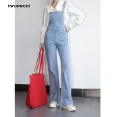 复古盐系减龄收腰直筒背带牛仔裤 轻氧蓝 口碑背带裤 twosweet