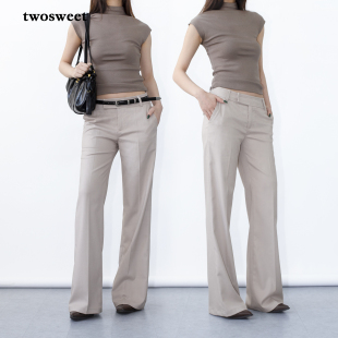 直筒微喇长裤 twosweet 时髦条纹中低腰西裤 柔雾浅茶棕 女 俏佳人