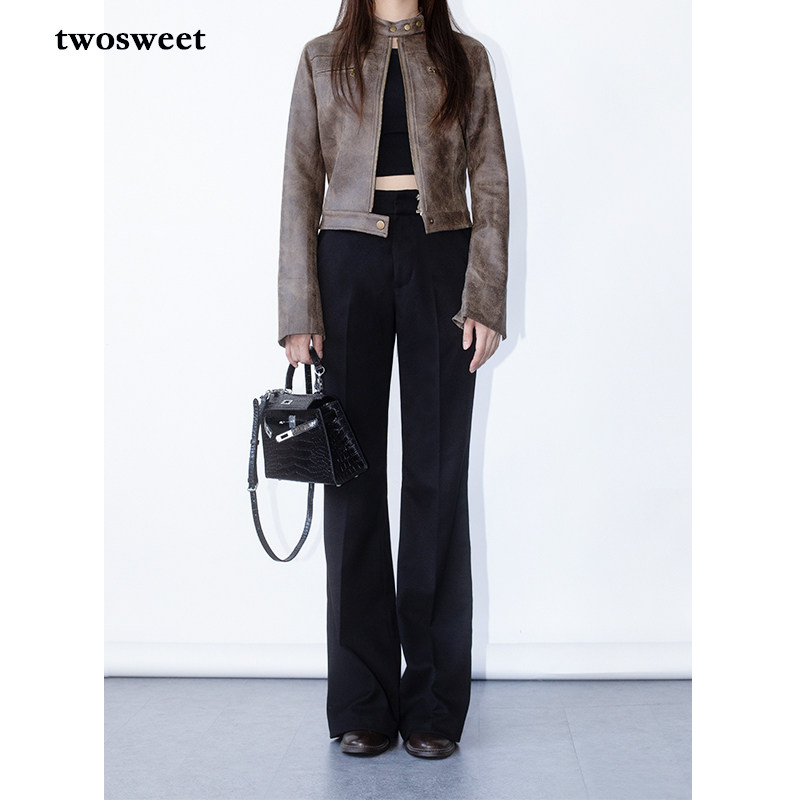 twosweet【精仿羊毛可机洗】黑色高腰直筒微喇休闲西裤拖地女秋冬