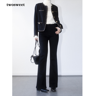 twosweet【漫画腿比例】不褪色黑色微喇叭牛仔裤高腰紧身高弹长裤