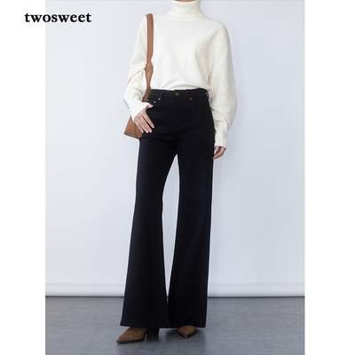 高腰直筒微喇牛仔裤2个长度醇黑