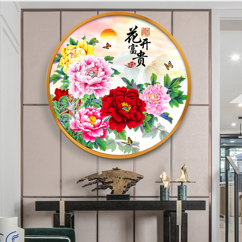 新中式圆形花开富贵玄关装饰画牡丹花入户客厅背景墙挂画现代简约图片