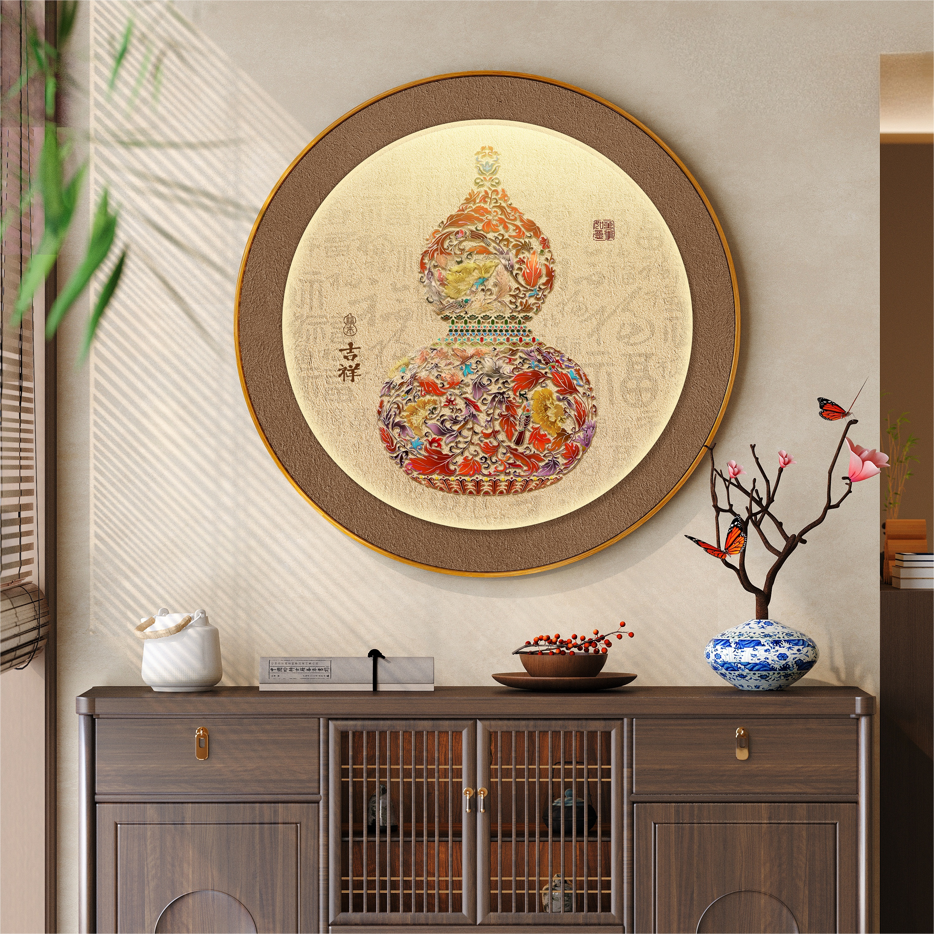 正对门玄关葫芦挂画入户进门装饰画客厅沙发背景画新中式圆形壁画图片
