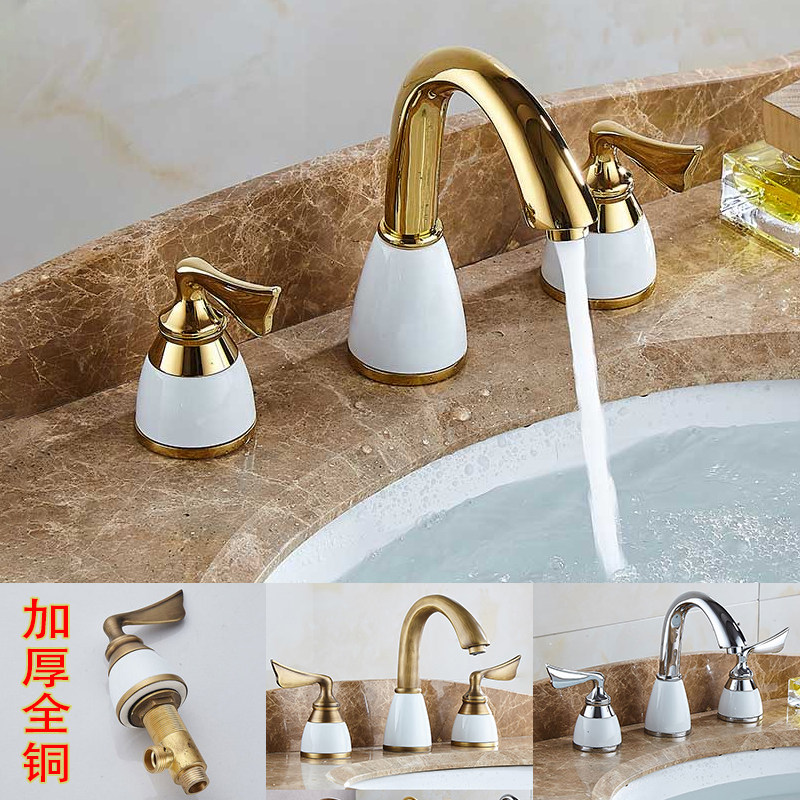 黄铜三孔水龙头台下面盆分体式冷热洗手盆双把三件套欧式仿古龙头