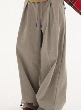 597c原创抽绳工装伞裤女宽松复古直筒中性长裤初秋休闲垂感通勤