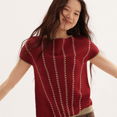 春季 597c原创红色提花上衣中式 短袖 基础百搭撞色图案针织背心百搭