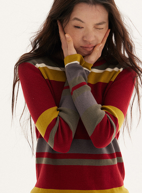 597c原创学院风毛衣女红色针织条纹上衣外穿春季长袖女士圆领套头