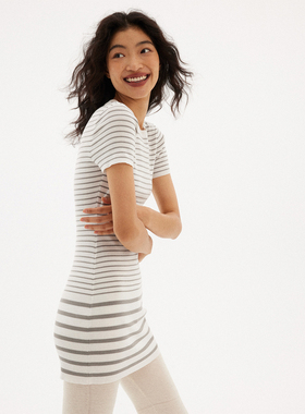 597c原创白色条纹裙上衣短袖收腰修身连衣裙复古穿搭气质经典通勤