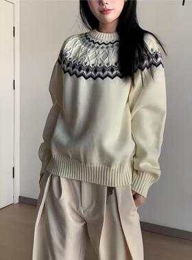 Stay the Night 早秋新款费尔岛绞花针织仿羊绒圆领舒适插肩毛衣