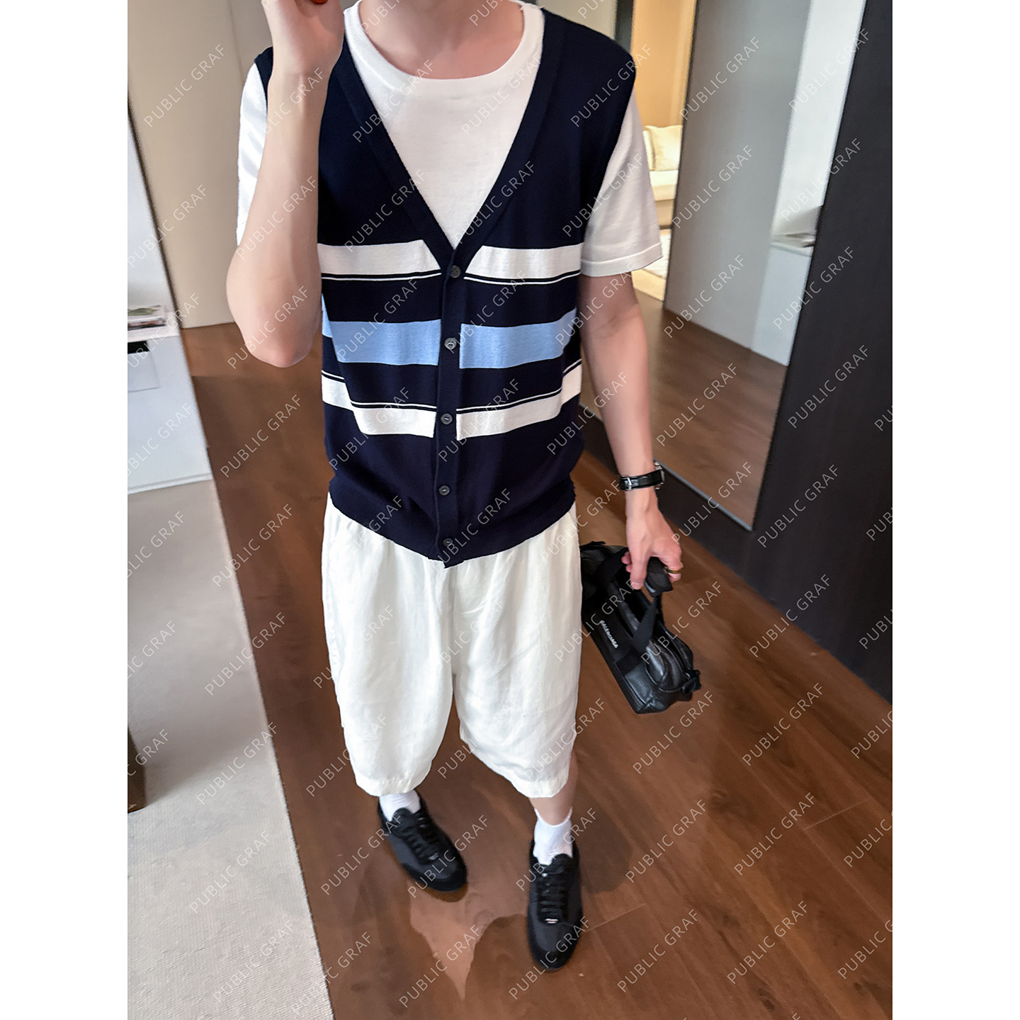 高林凡 夏季假两件拼接慵懒风韩系宽松条纹针织短袖T恤男女上衣