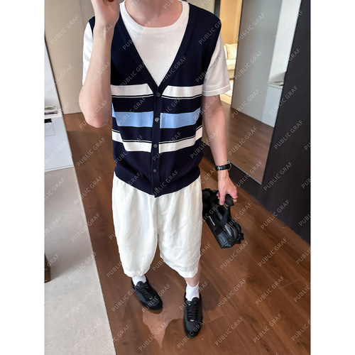 高林凡 夏季假两件拼接慵懒风韩系宽松条纹针织短袖T恤男女上衣