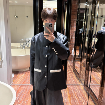 无领小香风皮夹克外套