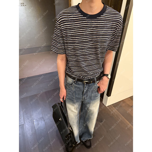松弛感撞色条纹短袖t恤