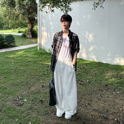 慵懒白色纯棉休闲裤直筒裤