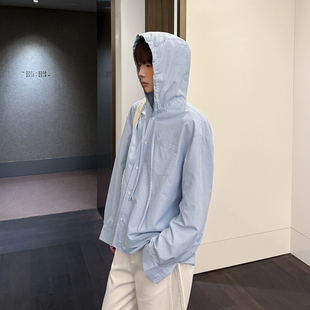 高林凡 男春层次设计感连帽外套宽松休闲衬衣潮 韩系格纹衬衫