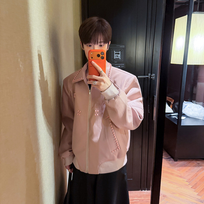 高林凡 设计感重磅垫肩短款皮夹克男女同款