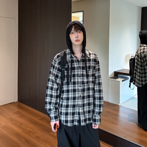 高林凡 可拆卸连帽长袖衬衫韩系宽松格子衬衣 上身自带松弛感