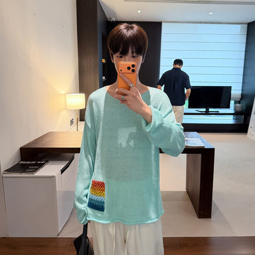 高林凡 撞色彩虹口袋针织衫 男女同款松弛感卷边轻薄毛衣打底衫