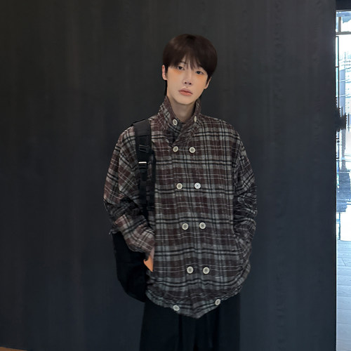 高林凡 韩系小众双排扣宝藏格纹夹克 春秋松弛感廓形高领外套