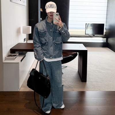 做旧毛边垫肩牛仔套装