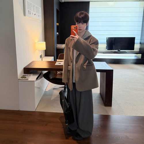 高林凡 【100羊毛】韩版慵懒风拼接假两件连帽西装宽松高级感外套