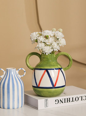 手绘蓝白色条纹欧式陶瓷花瓶咖啡馆奶茶店干假花插花装饰摆件大肚