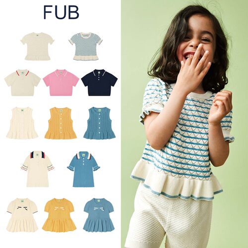 FUB 26ss新款女童日常休闲针织蝴蝶结花边条纹上衣polo衫