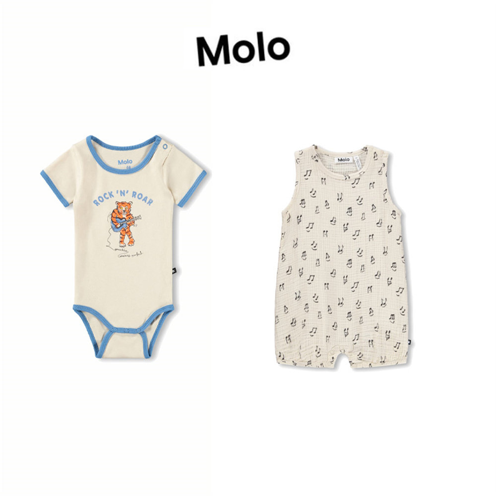 Molo 26春夏新款小宝宝日常休闲纯色印花包屁衣连体衣