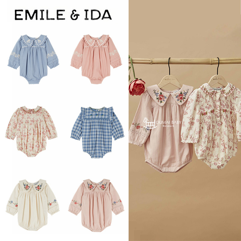 emile et ida26秋冬女童碎花翻领甜美刺绣包屁衣长袖公主风连体衣