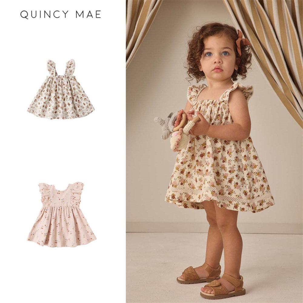Quincy mae26春夏新款宝宝女小童甜美樱桃花边吊带飞袖连衣裙子