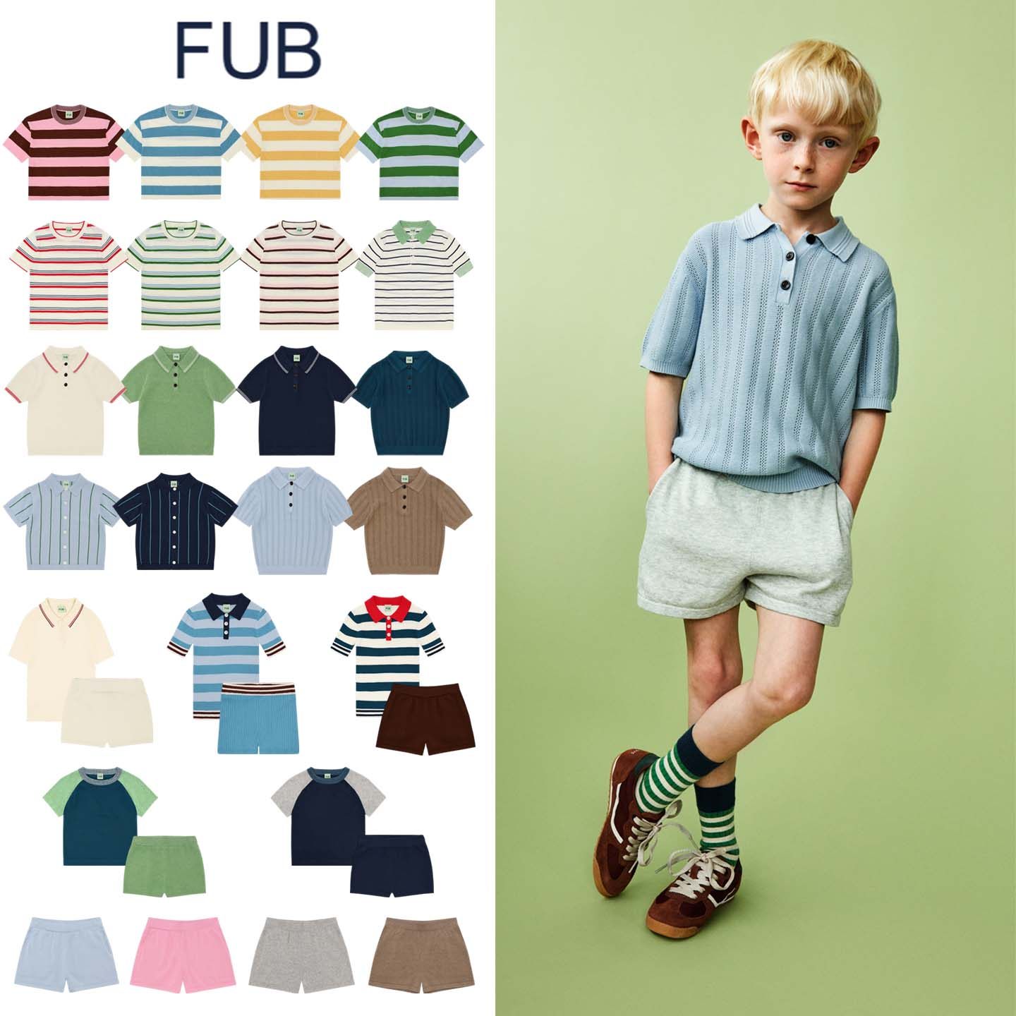 FUB 26ss新款男童女童日常休闲条纹短袖T恤衬衫短裤套装
