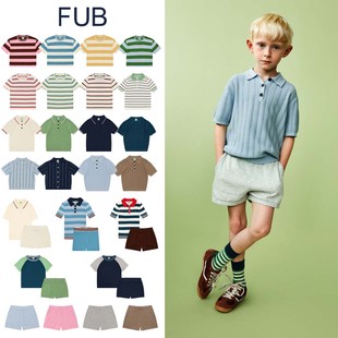 FUB 26ss新款男童女童日常休闲条纹短袖T恤衬衫短裤套装