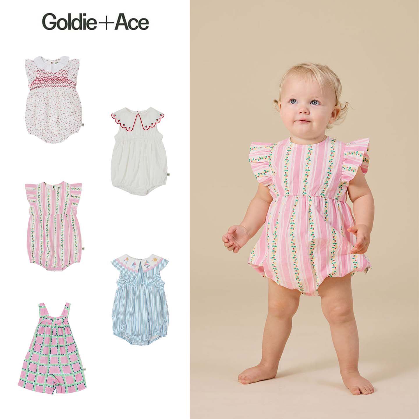 Goldie Ace26春夏新款婴儿小宝宝碎花飞袖娃娃领包屁衣背带短裤子