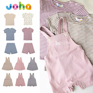 Joha26春夏新款宝宝男女小童薄短袖T恤短裤格子背带短裤背带裙子