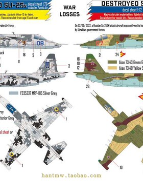 HAD-72263俄乌空军苏25/Su-25攻击机1/72拼装飞机模型标识水贴
