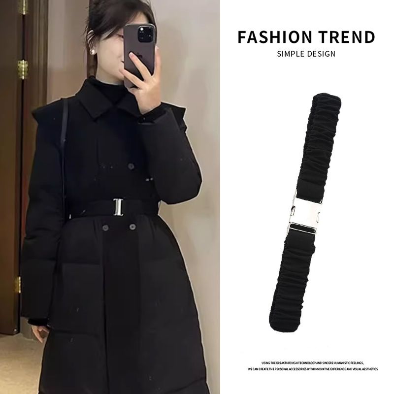 冬季绑带羽绒服专用腰带配件松紧中长款皮带收腰女士腰封系带黑色