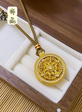 孟加拉赤金首饰古法镶钻转动八宝罗盘吊坠镂空罗盘毛衣链女不掉色