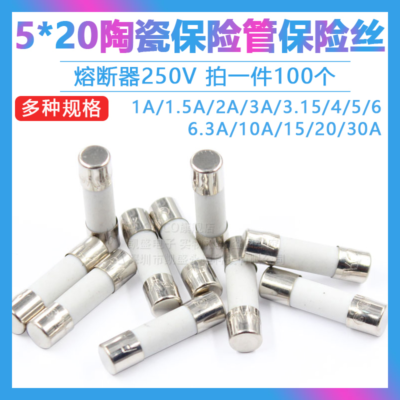 5*20mm陶瓷保险丝管250V熔断器 1A 1.5 2 3 4 5 6.3A 10A 20 30A