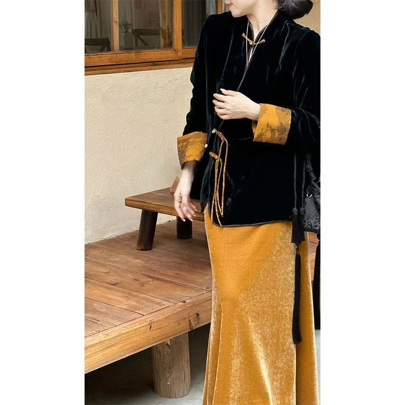 丝绒套装女2024冬季新款新中式盘扣外套气质高腰鱼尾半身裙两件套,女装/女士精品,时尚套装,淘宝优惠券,粉丝福利购,淘宝优惠卷