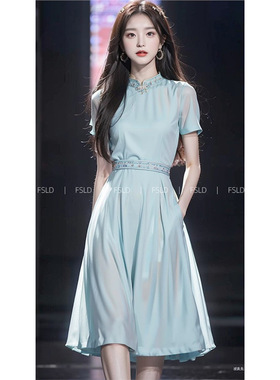 YT345132新中式国风女装改良旗袍蓝色连衣裙子2024新款夏季年轻款