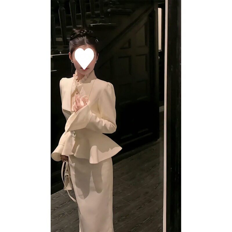 套装女2024秋季新款法式喇叭袖西装外套长款收腰木耳连衣裙两件套