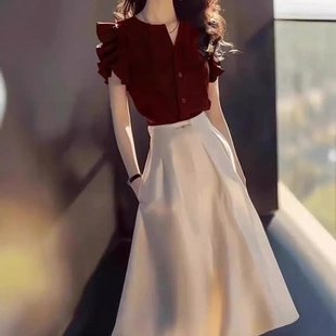 气场强大高端名媛气质女神范高级感上流社会红色衬衫连衣裙套装夏