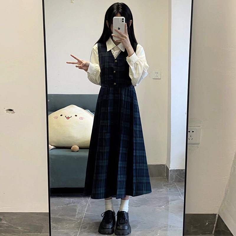 学院韩系甜美格子背带连衣裙女学生春季气质收腰显瘦背心裙两件套