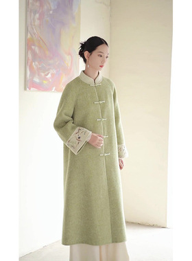 YT51285新中式国风双面呢子大衣绿色长款毛呢外套女秋冬季高级感