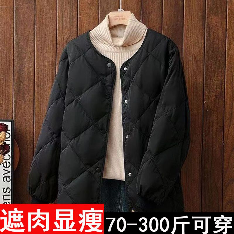 整张棉大码胖mm秋冬季女港风菱格棉服遮肉显瘦轻薄棉袄无领外套女