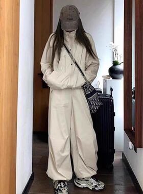 【旅游穿搭】vintage2023高级降落伞裤+冲锋衣国潮外套两件套装女