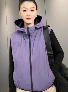 大码双面穿连帽外套女2024新款简约宽松个性叠穿百搭无袖马甲坎肩