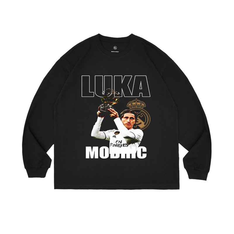Luka Modric莫德里奇圆领长袖重磅水洗复古宽松上衣足球印花纯棉