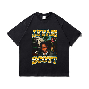潮牌圆领短袖 Travis scoot 嘻哈T恤美式 画 复古重磅宽松衣纯棉数码